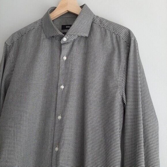 BOSS Jason Slim Fit B&W Checkered Pattern Button Down Shirt Men's Sz 16 1/2 - Picture 5 of 12